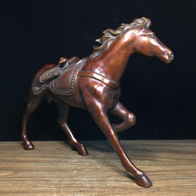 Vintage Bronze Galloping Horse Statue With Saddle, Chinese Wealth Attracting Horse Sculpture For Sale In Los Angeles - Image 6 of 7