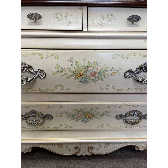 Late 20th Century White Bombay Style Chest of Drawers Dresser, Floral Print, Finished Woodgrain Top, 4 Drawers, Carved For Sale - Image 9 of 12