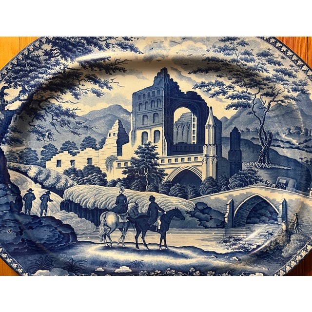 Large Antique Early 19th C. English Staffordshire Pearlware Blue & White Transfer Platter by Robert Hamilton of Stoke in the Gothic Ruins Pattern 1820 For Sale - Image 4 of 8
