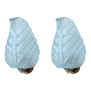 Set of 2 Wall Light Blu Colour Murano Glass Leave by Barovier E Toso, 1950s For Sale