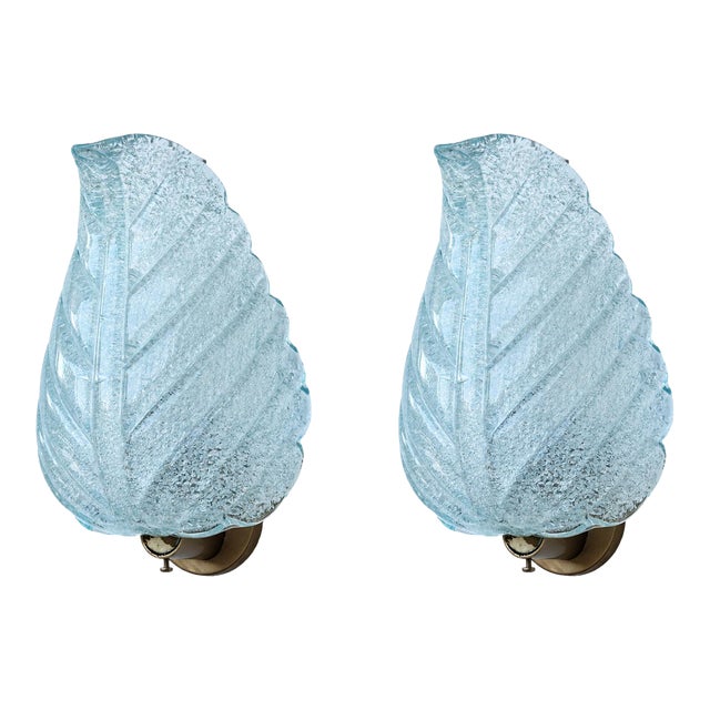 Set of 2 Wall Light Blu Colour Murano Glass Leave by Barovier E Toso, 1950s For Sale