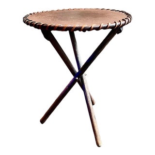 Leather Topped Wood Tripod Side Table-Veld Africa Handmade Brown W Tan Stitching For Sale