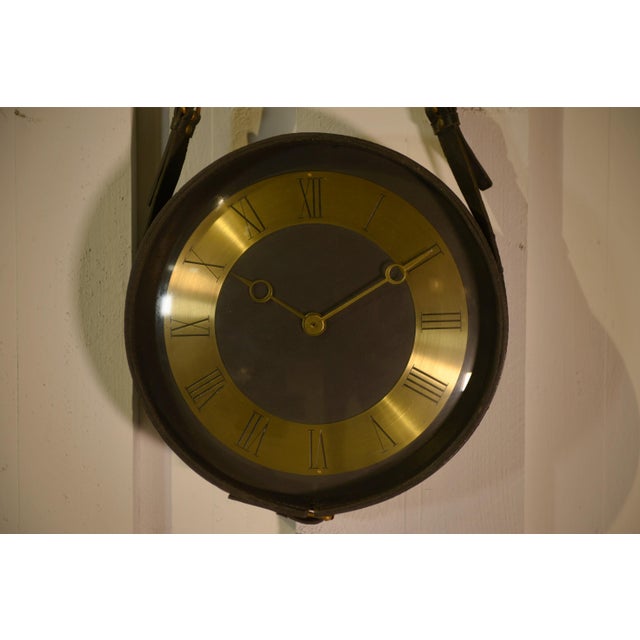 1950s Black Leather and Brass Clock by Jacques Adnet, 1950s For Sale - Image 5 of 11