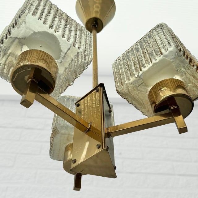 1960s Scandinavian Modern Chandelier in Brass and Glass with Three Arms, Sweden, 1960s For Sale - Image 5 of 8
