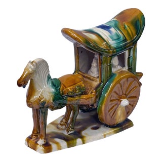 Oriental Tri-Color Green White Yellow Ceramic Horse Cart Art Figure For Sale