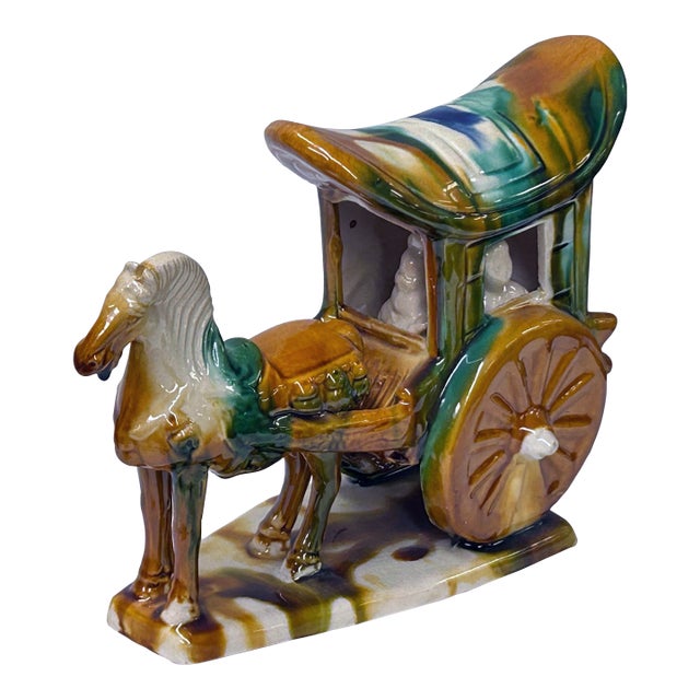 Oriental Tri-Color Green White Yellow Ceramic Horse Cart Art Figure For Sale