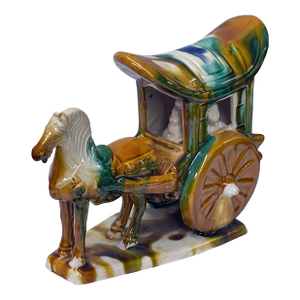 Oriental Tri-Color Green White Yellow Ceramic Horse Cart Art Figure