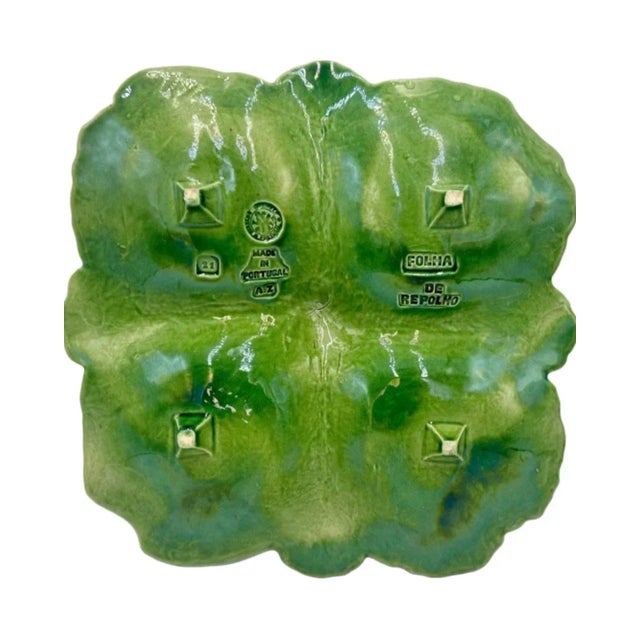 Vintage Green Ceramic Cabbage Lettuce Leaf Serving Platter Bowl Portugal For Sale - Image 9 of 12