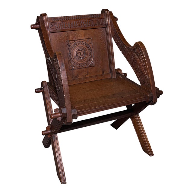Antique Inscribed Glastonbury Chair, English, Oak, Gothic Armchair, Victorian For Sale