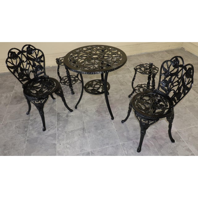 1950s Rose-Pattern Cast Iron and Aluminum Garden Bistro Set With Two Plant Stands, 5 Pieces For Sale - Image 4 of 16