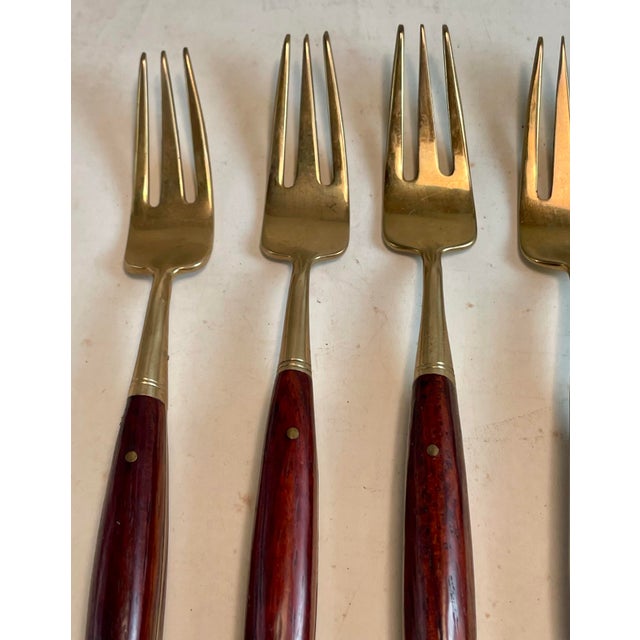 Wood Mid 20th Century Rosewood & Brass Small Desert H'Ordreves Forks Flatware Set of 5 For Sale - Image 7 of 11