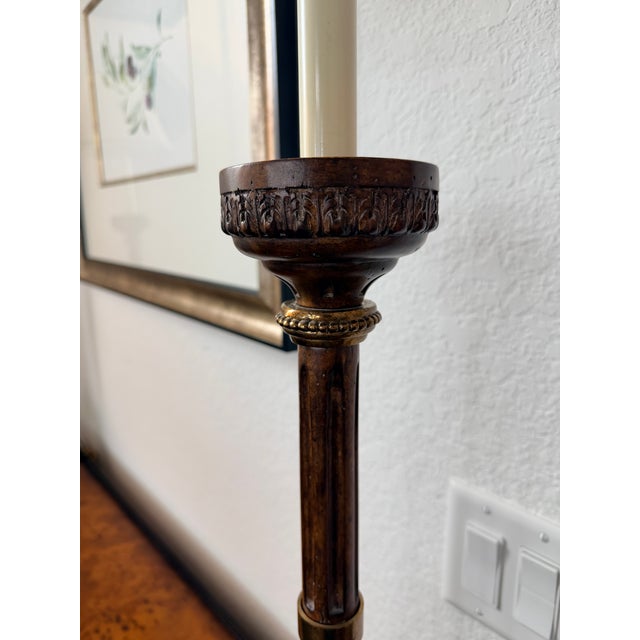 Pair of Maitland-Smith Candlestick-Form Table Lamps With Original Shades Harp and Finials For Sale - Image 9 of 14