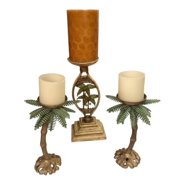 Hollywood Regency Late 20th Century Tropical Palm Tree Pillar Candle Holders - Set of 3 - Cast Metal - Gold & Verdigris - Coastal Maximalist For Sale - Image 3 of 12