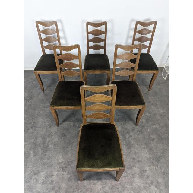 Oak Chairs with Diamond-Patterned Backs and Green Velvet Upholstery, 1940s, Set of 6 For Sale - Image 3 of 8