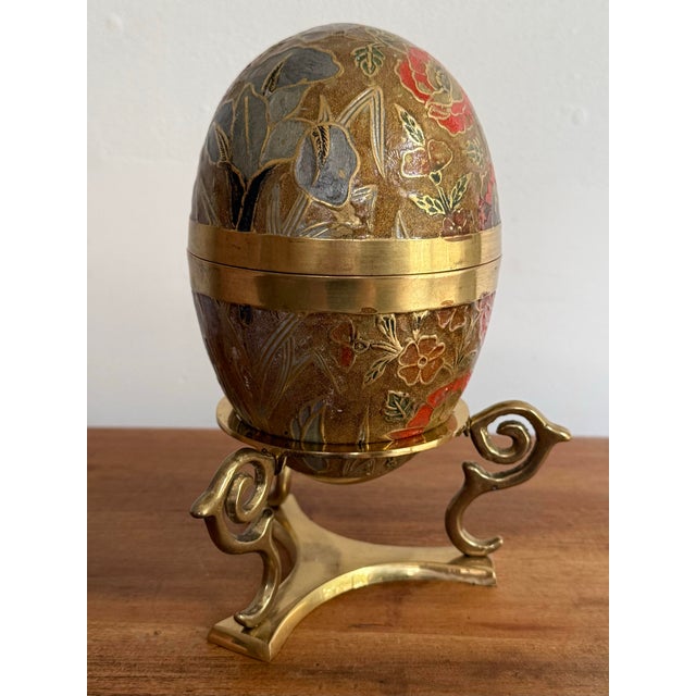 English Large 1970s Brass and Enamel Floral Egg Box on Stand For Sale - Image 3 of 8