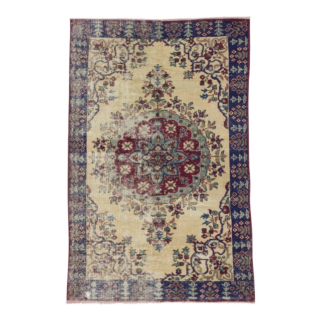 Vintage Distressed Turkish Oushak Rug - 5′3″ × 8′3″ For Sale