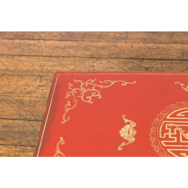 Late 20th Century Chinese Red Lacquered Blanket Chest with Gilt Motifs & Guardian Lions For Sale - Image 5 of 12