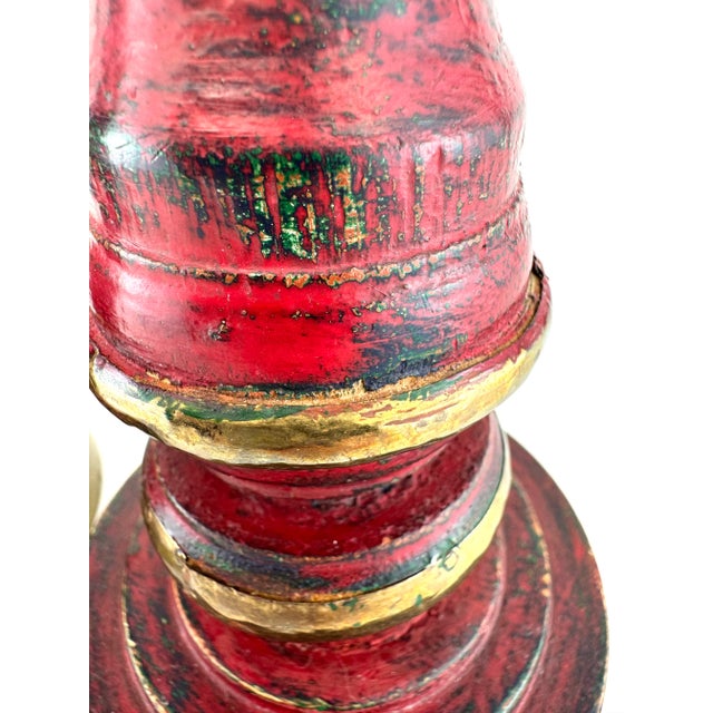 1970s Pair of Hand-Painted Red and Gold Wooden Candleholders With Brass Trim For Sale - Image 9 of 13
