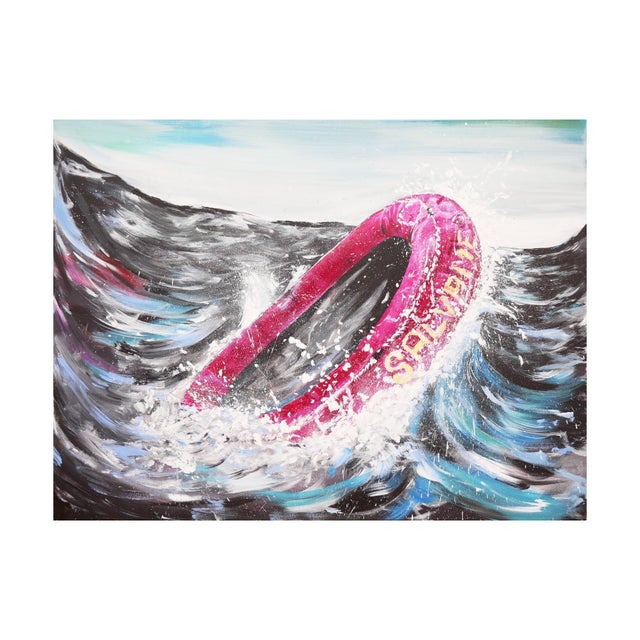 2020s Moisés Villafuerte "Salvame" Blue, Magenta, and Yellow Contemporary Seascape Painting with Texts, 2022 For Sale - Image 5 of 12