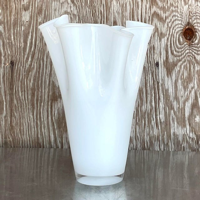 Vintage Pleated White Glass Vase For Sale In West Palm - Image 6 of 6