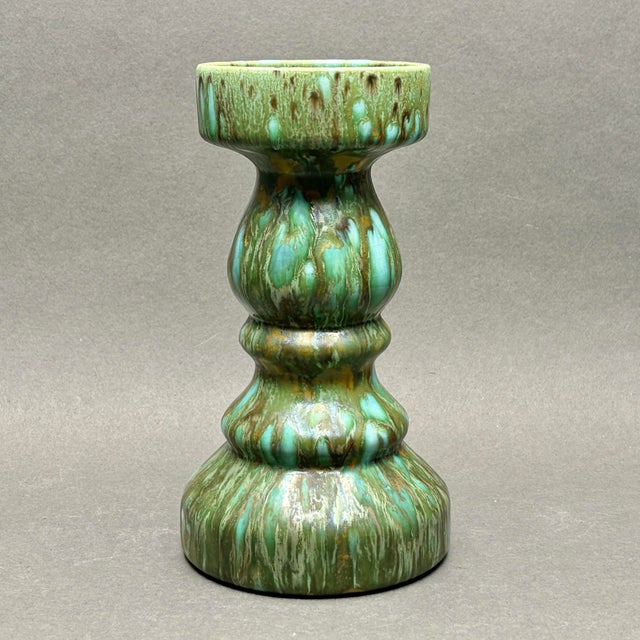 • West German pottery sculptural candlestick / candle holder. • Made in West Germany, circa 1960s–1970s. • Glossy green,...