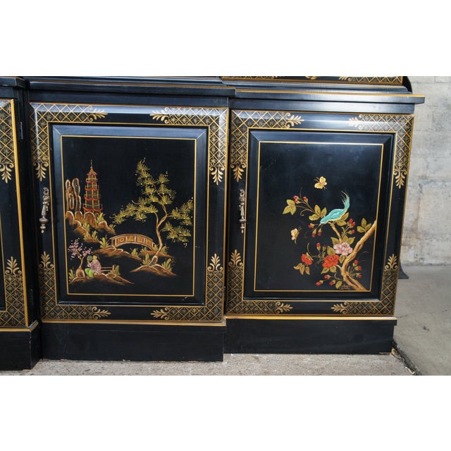 Black Union National Black Lacquer Chinoiserie Breakfront China Display Cabinet For Sale - Image 8 of 15