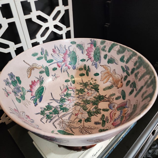 Wood Mid 20th Century Large Chinese Famille Rose Porcelain Bowl With Birds, Lotus & Butterflies on Carved Wood Stand For Sale - Image 7 of 13