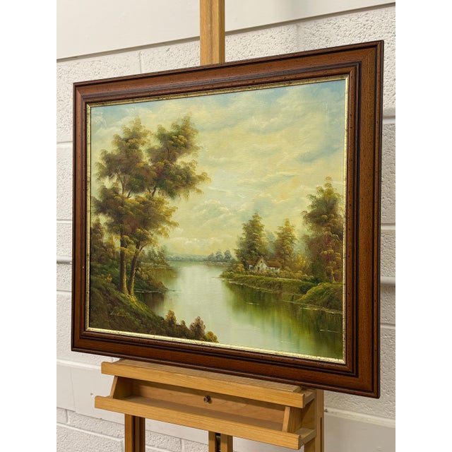 Golden haze settles on calm waters, holding a cottage in quiet reverie 1975 Circa For Sale - Image 15 of 18