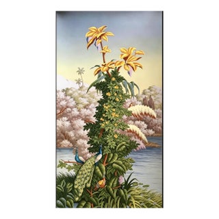 Hand Painted Peacock Tropical Landscape Mural Panel | 3ft × 8ft Custom Wall Wallpaper, Chinoiserie Scenic Wall Art For Sale