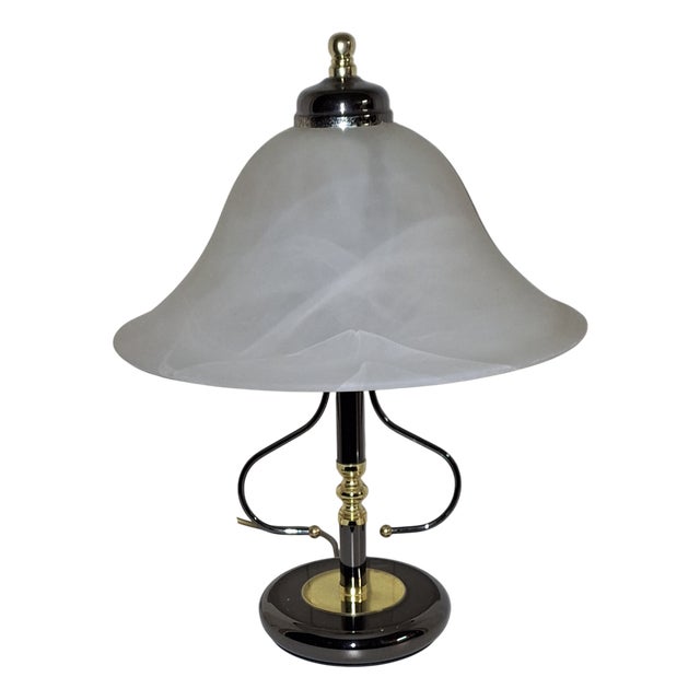 Vintage Table Lamp with Metal Base and White Marbled Glass Shade from Honsel, 1980s For Sale