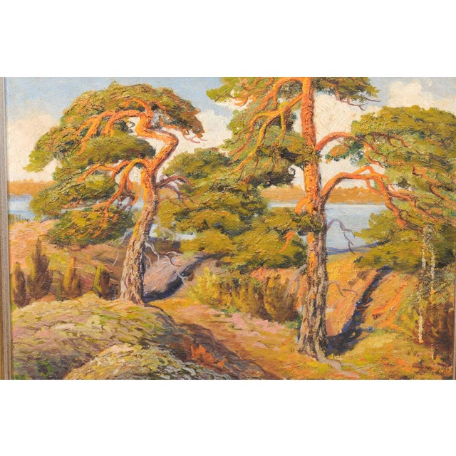 Mid 20th Century Swedish Coastal Painting W/ Wind Swept Trees For Sale - Image 9 of 13