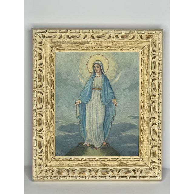A hand-painted, hand-signed oil on canvas depicting Our Lady of Grace (the Miraculous Medal apparition) — Mary standing...