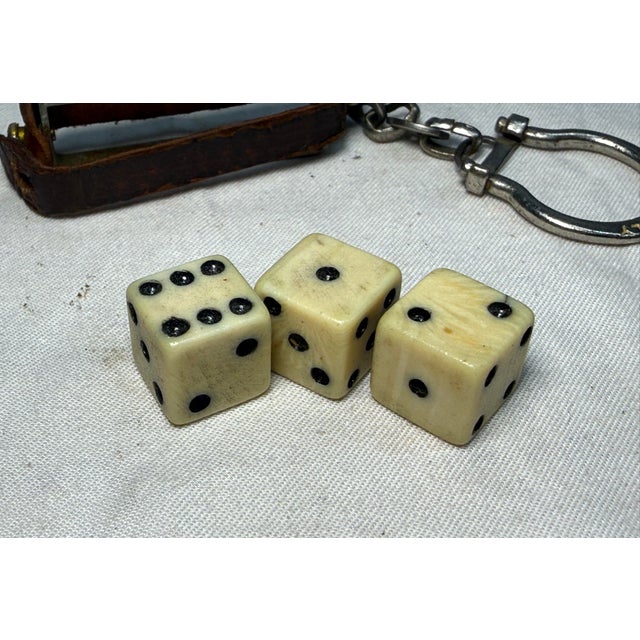 Brown Antique Leather Metal 3 Celluloid Dice Box Holder Travel Carrier Keychain For Sale - Image 8 of 9