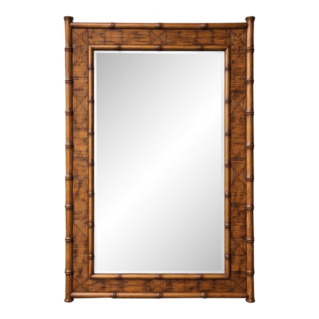 Large Vintage Carved Wood Faux Bamboo Wall Mirror – Beveled Glass – Palm Beach Regency Coastal Statement (56”) For Sale