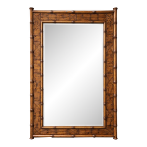 Large Vintage Carved Wood Faux Bamboo Wall Mirror – Beveled Glass – Palm Beach Regency Coastal Statement (56”)