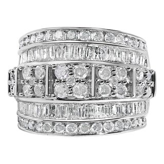 .925 Sterling Silver 2.0 Cttw Round & Baguette Cut Diamond Multi-Row Channel Set Tapered Cocktail Fashion Ring (I-J Color, I3 Clarity) - Size 9 For Sale