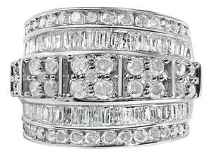 .925 Sterling Silver 2.0 Cttw Round & Baguette Cut Diamond Multi-Row Channel Set Tapered Cocktail Fashion Ring (I-J Color, I3 Clarity) - Size 9