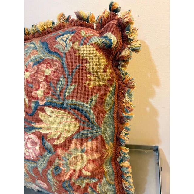 Traditional Red Floral Needlepoint Fringed Down-Filled Pillow For Sale - Image 3 of 5
