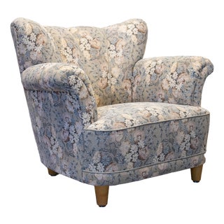 Vintage Danish Wingback Chair with Jacquard Fabric, 1940s For Sale