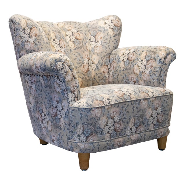 Vintage Danish Wingback Chair with Jacquard Fabric, 1940s For Sale