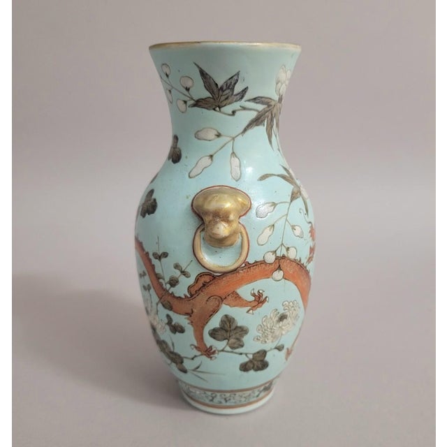 Antique Chinese Qing Turquoise Porcelain Dragon Vase With Lion Mask Ring Handles For Sale - Image 9 of 11
