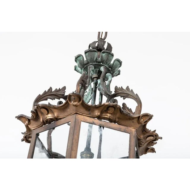 Georgian English Hexagonal Glazed Verdigris Lantern For Sale - Image 6 of 16