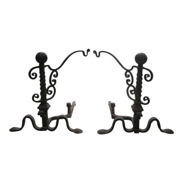 Antique Wrought Iron Andirons For Sale