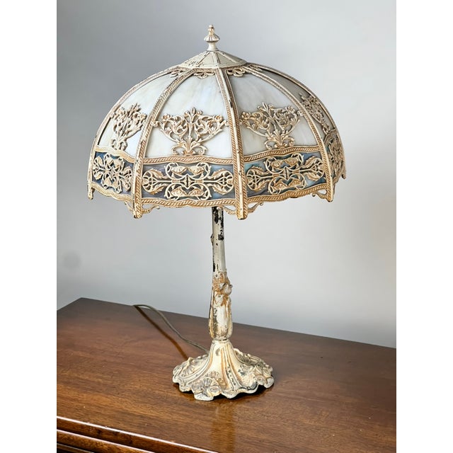 Traditional Vintage Art Nouveau Slag Glass Two-Light Table Lamp, C. 1935–1955 For Sale - Image 3 of 10