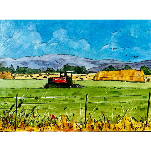 Wood Original Watercolor Painting on Birch Board Rural Farm Scene For Sale - Image 7 of 8