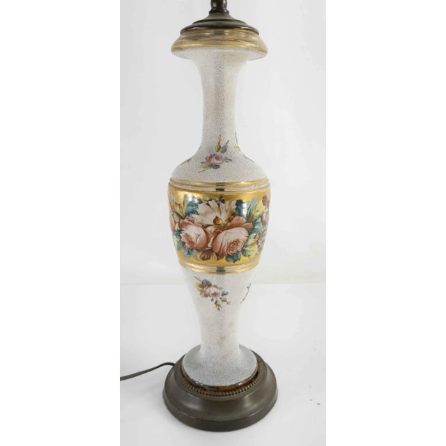 We are selling this great art glass table lamp. This stunning Bohemian art glass vase has interested dappled white enamel...