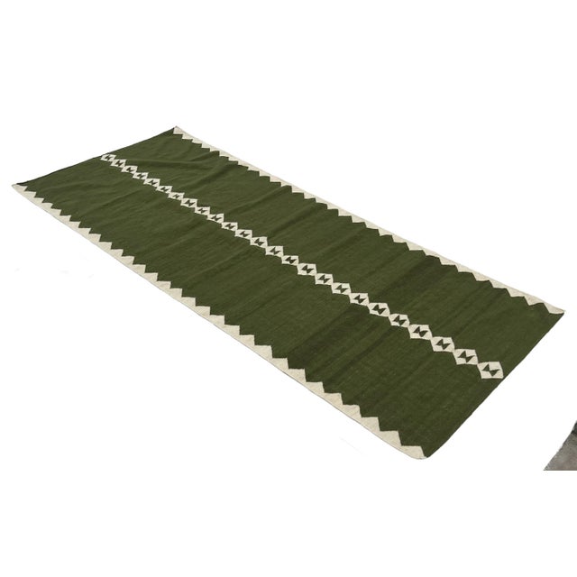 Handmade New Zealand Wool Dhurrie Runner, Olive Green and Cream Diamond Runner Rug- 4'x10' For Sale - Image 9 of 13