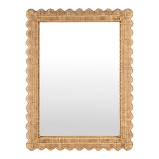 Flora 30 in. W x 40 in. H Rectangular Rattan Scalloped Edge Wall Mirror, Natural Rattan For Sale