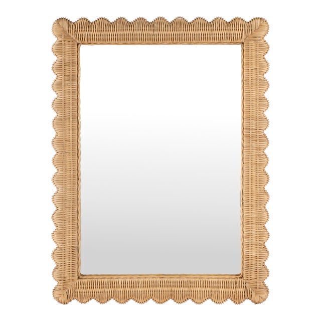 Flora 30 in. W x 40 in. H Rectangular Rattan Scalloped Edge Wall Mirror, Natural Rattan For Sale