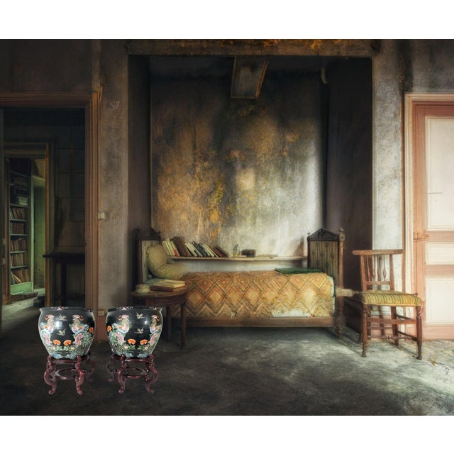 Antique Nyonya Straits Chinese Porcelain Planters, Jardinieres, Famille Noire Black With Goldfish & Phoenix Birds, a Pair, Rosewood Stands, For Sale - Image 9 of 15